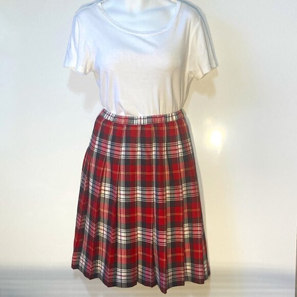 SZ 12P Red & Black plaid pleated midi skirt classic academia preppy - Picture 2 of 8